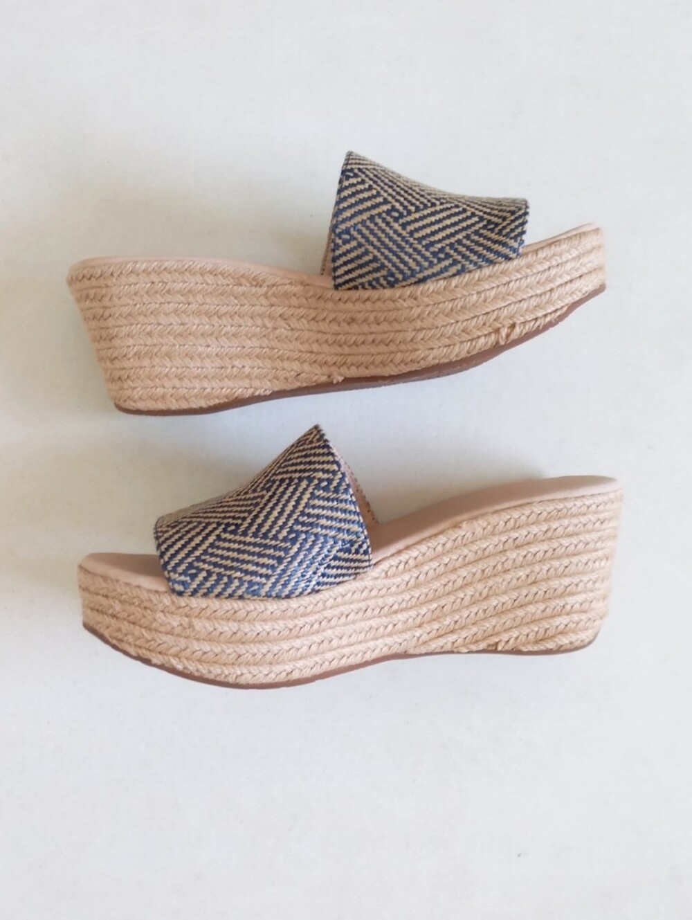 Chocolat Blu rafia platform wedge sandal blue and tan combo
